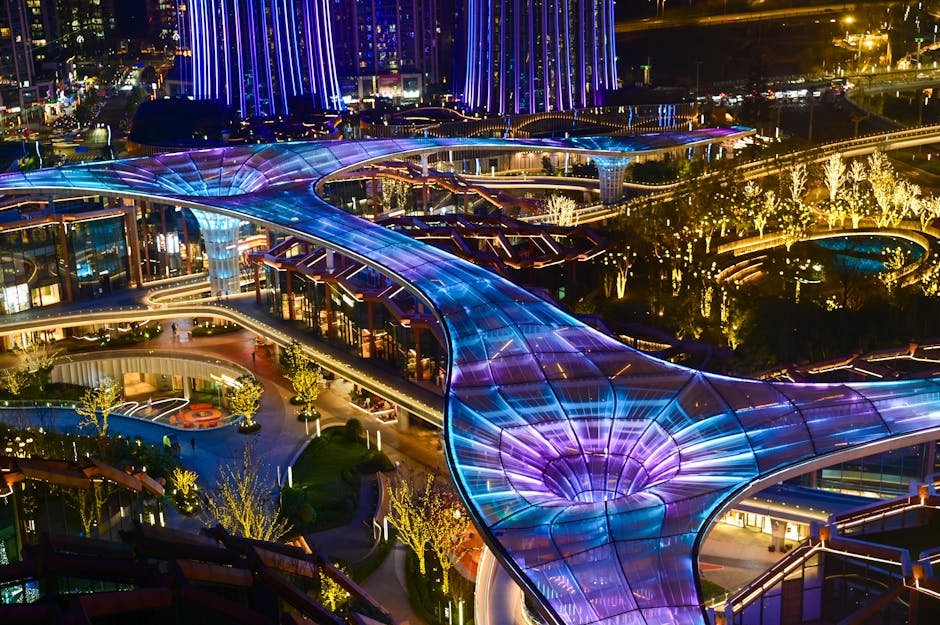 Khung cảnh đô thị tương lai với mạng lưới blockchain, tượng trưng cho pháp lý GameFi Việt Nam